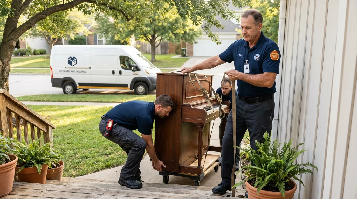 Licensed piano movers securing grand piano in Coleman, MI
