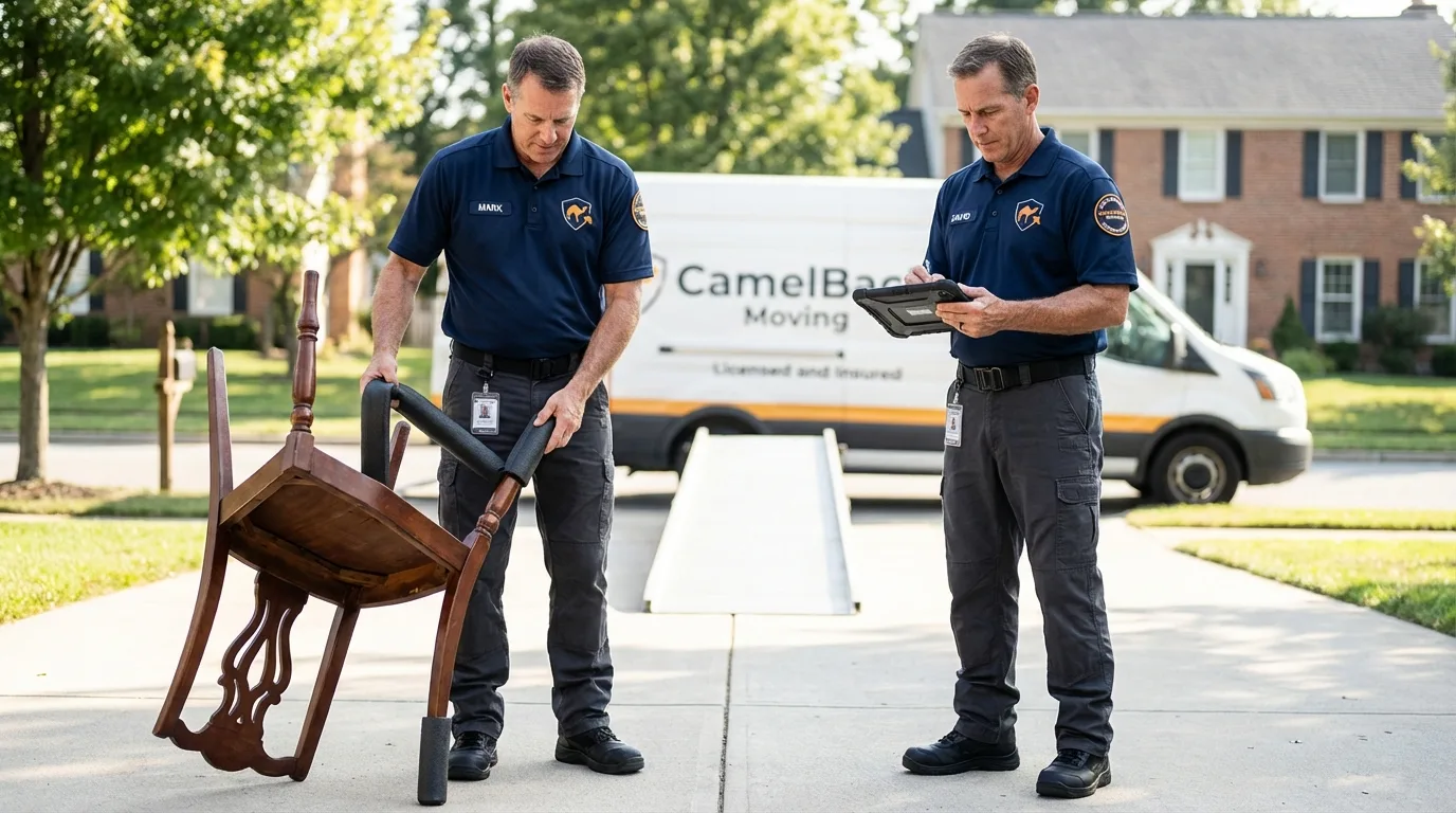Movers inspecting furniture for damage prevention before loading in Coleman, MI