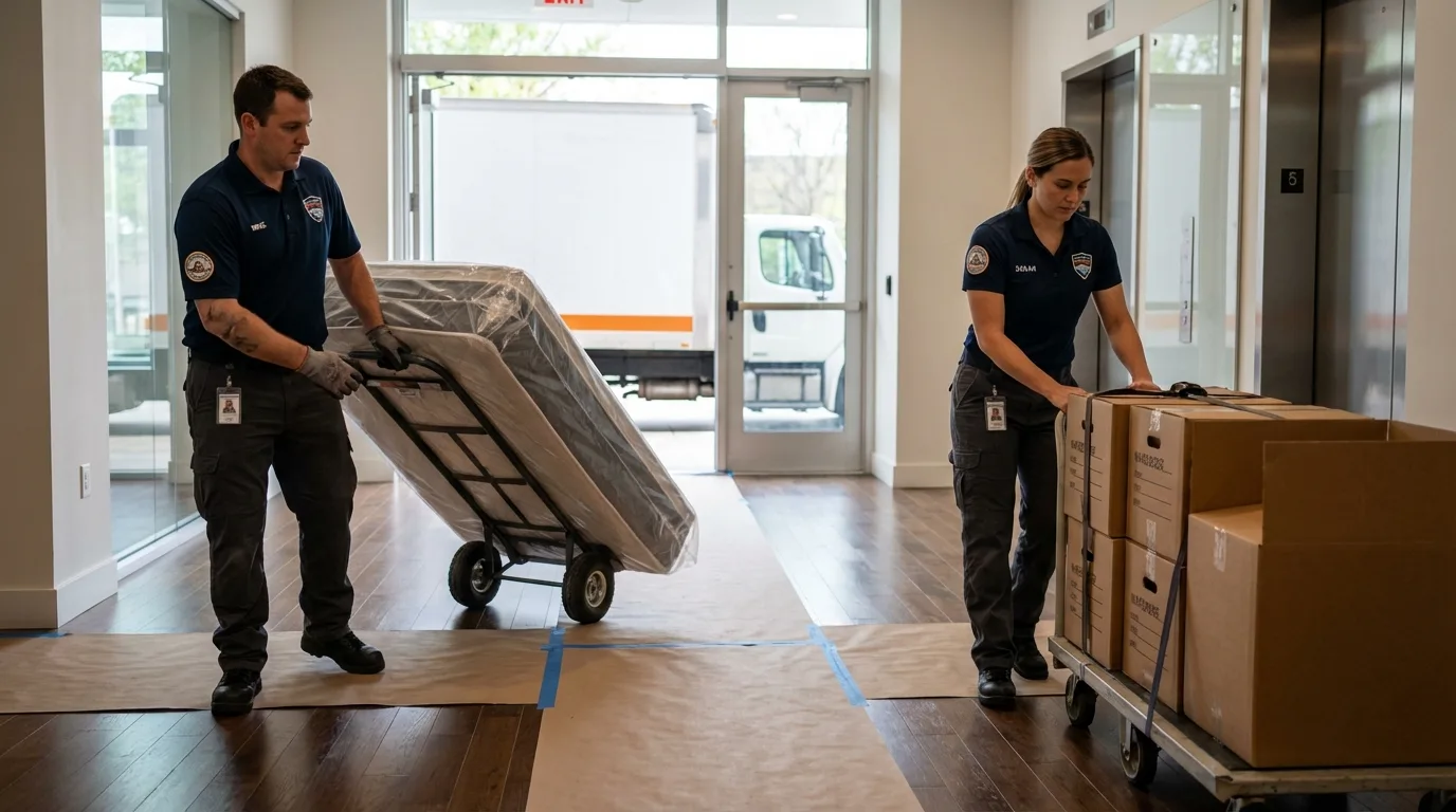 Professional apartment movers loading elevator in Coleman, MI