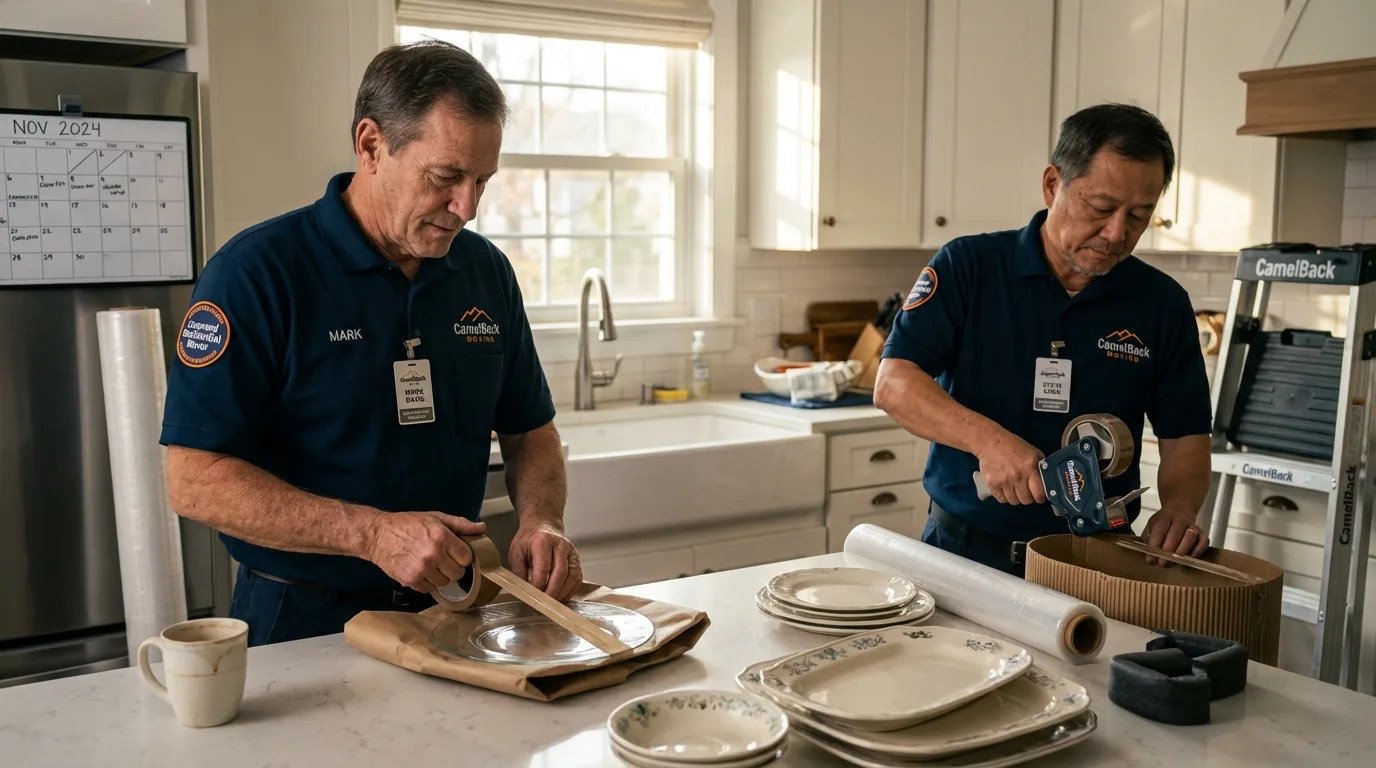 Professional crew packing kitchen dishware in Coleman, MI